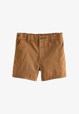 Bruine katoenen shorts met een vlakke voorkant, twee zijzakken, riemlussen en een knoopsluiting met een blauwe knoop.