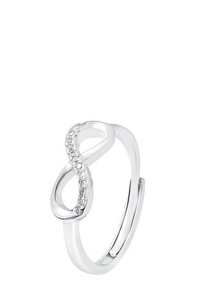 Bague ouverte en ton argent avec un design de symbole infini, partiellement incrustée de petits cristaux clairs.