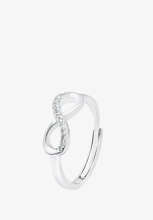 Bague ouverte en ton argent avec un design de symbole infini, partiellement incrustée de petits cristaux clairs.