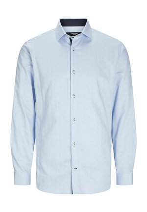 Maglietta a maniche lunghe blu chiaro con chiusura a bottoni, colletto classico e dettagli scuri all'interno del colletto. Tessuto liscio con design aderente.