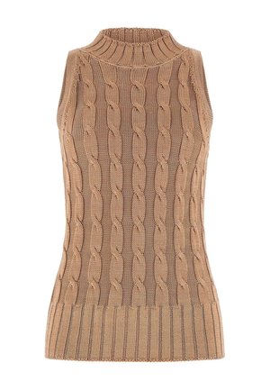 Mouwloos beige kabelgebreid trui-vest met geribde hoge hals en zoom, plat gelegd op witte achtergrond.