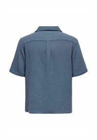 Korte mouwen, gestructureerd donkerblauw shirt met een kraag, met een horizontaal geribbeld patroon en een enkele rugploo