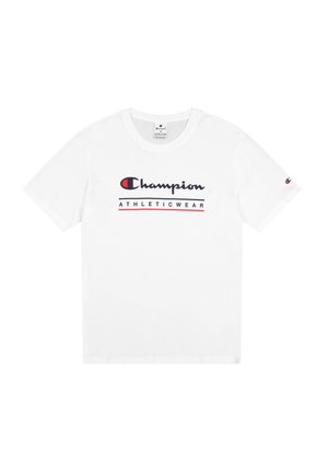 Witte katoenen T-shirt met een ronde hals, korte mouwen en het 'Champion ATHLETICWEAR' logo in zwart en rood over de borst.