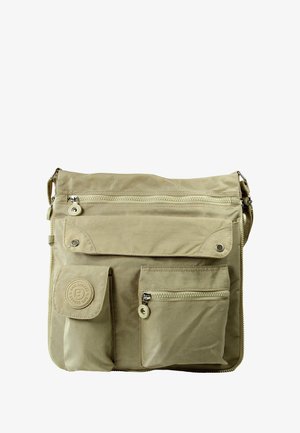 Beige schoudertas van canvas met meerdere rits- en flapzakken, een gestructureerde afwerking en een logo-opdruk aan de voorkant.