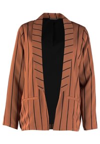 Blazer orange poussiéreux avec rayures verticales noires, design à ouverture frontale, deux poches avant et une texture de tissu lisse.