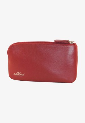 Rode leren portemonnee met rits en een gladde textuur, met het merklogo op de voorkant gedrukt. Compacte rechthoekige vorm.