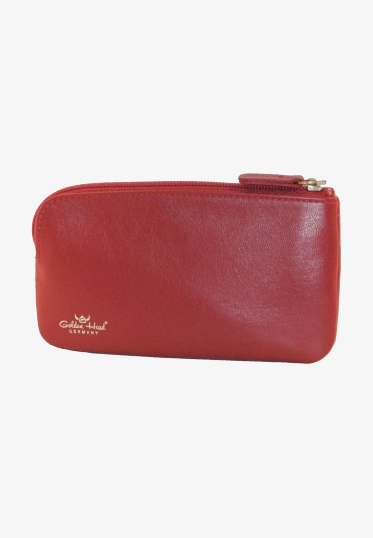 Rode leren portemonnee met rits en een gladde textuur, met het merklogo op de voorkant gedrukt. Compacte rechthoekige vorm.