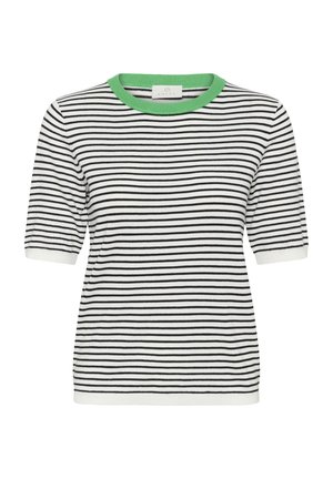 Weißes Strickshirt mit kurzen Ärmeln, dünnen schwarzen horizontalen Streifen und einem leuchtend grünen Rundhalsausschnitt.