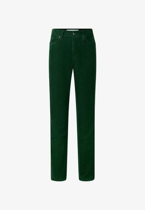 Groene ribfluwelen broek met een recht model, voorzien van vijf zakken en een knoopsluiting. De stof heeft een zachte, gestructureerde afwerking.