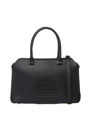 Black textured handbag with two handles and a detachable shoulder strap, featuring a rectangular logo embossed with the brand name Marc Ellis.