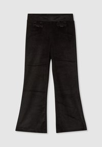 Czarne spodni dzwonow z sztruksu o miękkiej fakturze, z paskiem w talii ozdobionym dwoma dekoracyjnymi kokardkami z przodu.