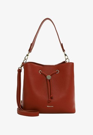Red leather bucket bag with a textured finish, drawstring closure, and a detachable strap. Features silver-tone hardware and logo detail.