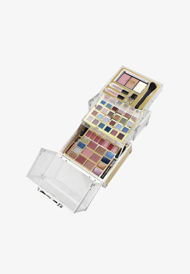 Läpinäkyvä kosmetiikkalaukku, jossa on kaksi tasoa. Sisältää erilaisia luomivärisävyjä vaaleanpunaisena, sinisenä ja kultaisena. Mukana on aplikaattorit ja kaksi poskipunaa.