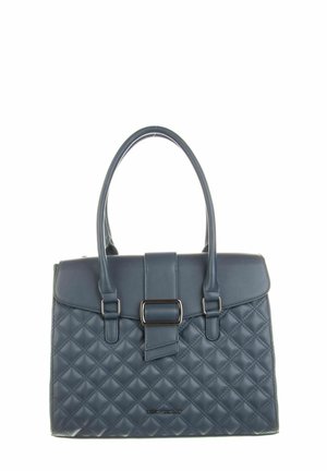 Sac à main matelassé bleu foncé avec deux poignées robustes, une fermeture à rabat et une forme rectangulaire. Comprend des garnitures métalliques et des coutures d'accent.