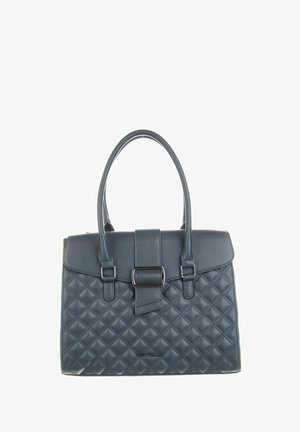 Sac à main matelassé bleu foncé avec deux poignées robustes, une fermeture à rabat et une forme rectangulaire. Comprend des garnitures métalliques et des coutures d'accent.