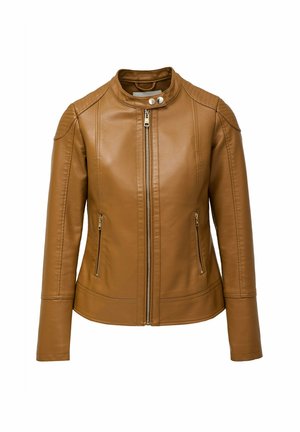 Veste en cuir synthétique marron avec un col montant, fermeture éclair et deux poches avant. Présente des accents côtelés sur les épaules et un design ajusté.