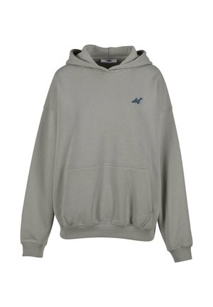 Light gray hoodie with a front pocket, ribbed cuffs, and hem. Features a small dark blue logo on the left chest. Soft fabric texture.