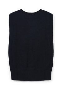 Maglione senza maniche blu navy con scollo rotondo, bordi a costine e texture in maglia liscia. Design semplice senza ulteriori motivi o accenti.