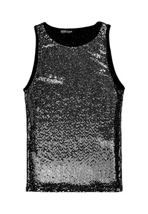 Czarny top bez rękawów z gradientem srebrnych cekinów. Gładka faktura, okrągły dekolt i czarne obszycie z tkaniny wzdłuż krawędzi.