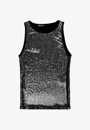 Zwart mouwloos topje met een verloop van zilveren pailletten. Gladde textuur, ronde halslijn en zwarte stoffen bies langs de randen.