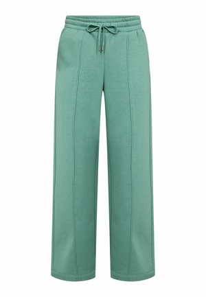 Hellgrüne Sweatpants mit weitem Bein, elastischem Bund und Kordelzug, mit vertikalen Nahtdetails an der Vorderseite.