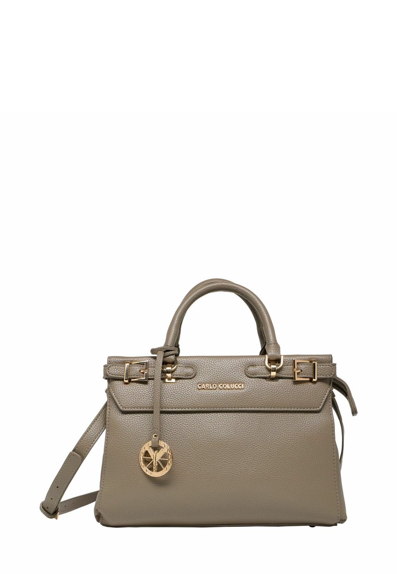 Grå læder håndtaske med guld hardware, struktureret form, dobbelte top hændler, aftagelig skulderrem og detalje med cirkulært vedhæng.