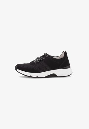 Black sneaker with a mesh upper and suede accents, white rubber sole, round toe, and flat laces with contrasting detailing.
