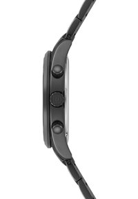Black metal watch featuring a round face, two push buttons, and a textured crown. The strap is also black with a smooth finish.