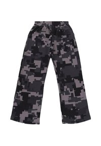 Luźne spodnie z czarno-szarym cyfrowym wzorem kamuflażowym i elastycznym pasem.