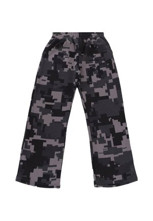 Lässige Hose mit schwarzem und grauem digitalen Tarnmuster und elastischem Bund.