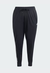 Črne športne hlače z elastičnim pasom, vezalkami, belimi stranskimi črtami in podloženimi robovi; izdelane iz gladkega, lahkega blaga.