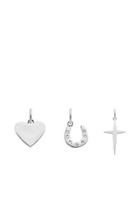 Set of three silver pendants: a smooth heart, a horseshoe with clear stones, and a sleek cross, each featuring a hanging loop.