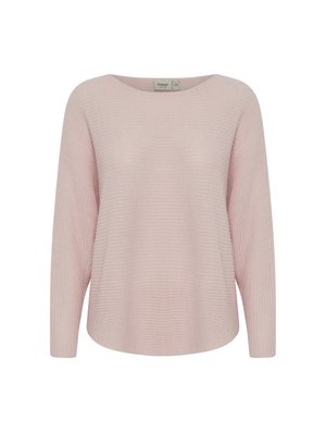 Jersey de punto rosa claro, de corte holgado, con escote amplio y mangas largas. Textura acanalada con un ligero estiramiento y dobladillo redondeado.