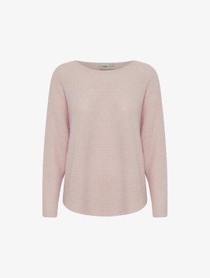 Pulover tricotat de culoare roz deschis, cu o croială lejeră, decolteu larg și mâneci lungi. Textură ribbată cu o ușoară extensie și tiv rotunjit.