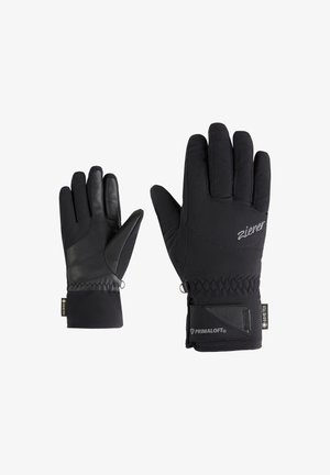 Schwarze Handschuhe mit einer Lederhandfläche und einem strukturierten Stoff-Obermaterial, ausgestattet mit einem Primaloft-Logo und verstellbaren Handgelenkgurten für optimalen Sitz und Wärme.