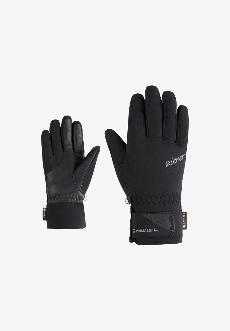Schwarze Handschuhe mit einer Lederhandfläche und einem strukturierten Stoff-Obermaterial, ausgestattet mit einem Primaloft-Logo und verstellbaren Handgelenkgurten für optimalen Sitz und Wärme.