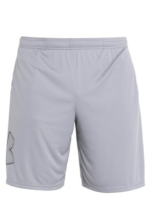 Lys grå atletiske shorts lavet af glat, letvægtsstof. Har en elastisk talje og en sort logo accent på venstre side.
