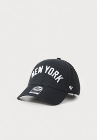 Black baseball cap with embroidered "NEW YORK" in white, featuring a curved brim and logo tag. Material is cotton or similar fabric.