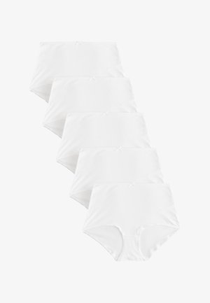 Pet bijelih ženskih gaćica visokog struka složenih dijagonalno, svake sa malom dekorativnom mašnom u sredini pojasa.