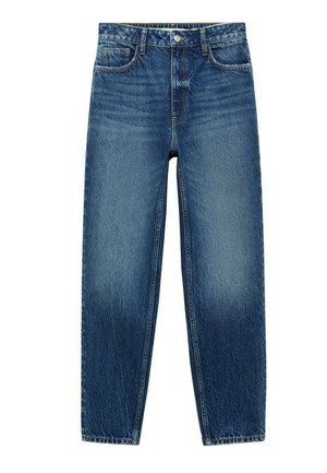Dunkelblaue Denim-Jeans mit fünf Taschen, einem Knopfverschluss und geradem Bein. Mit Verblassungen in der Nähe der Knie und strukturiertem Stoff.