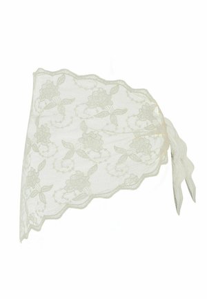 Krém színű csipkés fejkendő virágmintákkal és hullámos szegéllyel, hátul finom masnival megkötve.