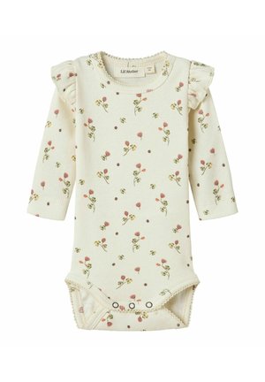 Blomsterbaby bodysuit i blødt ribbet bomuld, med lyse beige baggrund, rosa og gule blomstermønstre, flæseærmer og trykknaplukninger.