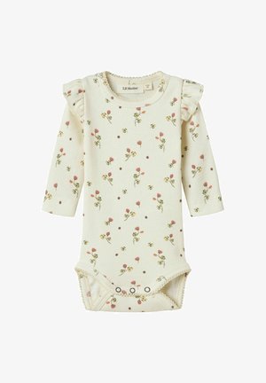 Bodysuit floral pour bébé en coton ribbé doux, avec un fond beige clair, des motifs de fleurs roses et jaunes, des manches volantes et des fermetures à pression.