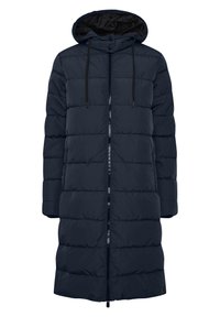 Manteau d'hiver long rembourré bleu marine avec capuche, fermeture éclair à l'avant, boutons-pression et deux poches latérales zippées.