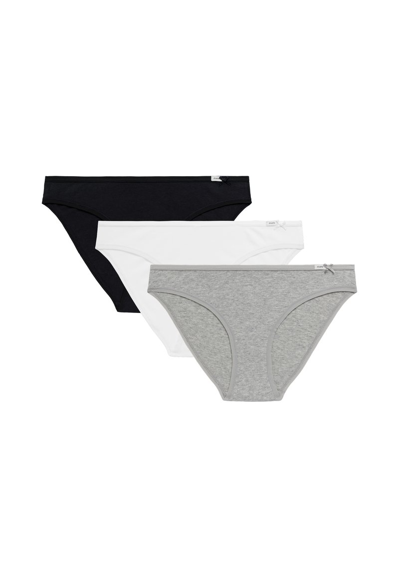 Trzy pary damskich majtek: czarne, białe i szare. Każda z nich wykonana jest z miękkiej tkaniny, ma klasyczny krój i minimalne detale szwowe.