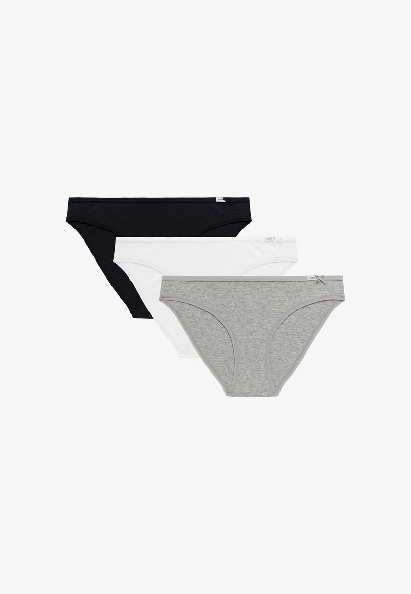 Trzy pary damskich majtek: czarne, białe i szare. Każda z nich wykonana jest z miękkiej tkaniny, ma klasyczny krój i minimalne detale szwowe.