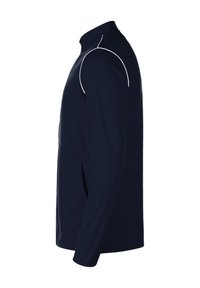 Marineblaues Langarmjackett mit hohem Kragen und weißen Akzenten entlang der Schultern. Verfügt über seitliche Taschen zur Aufbewahrung. Die Textur ist glatt.