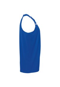 Blauw tanktop gemaakt van lichtgewicht stof, met een ronde halslijn en armsgaten, voorzien van witte accenten rond de kraag.