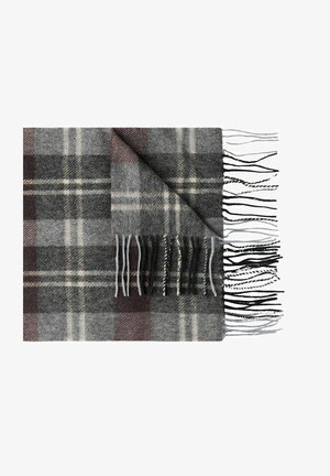 Grå och brun rutig ullsjal med fransade kanter, en hörn vikt över som visar mönstret och texturen.