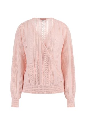 Ljust rosa stickad kappa med långa ärmar, öppen stickning, ribbade muddar och midja, märkt med GUESS i alpackablandning.